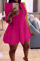 Rose Red Casual Solid Color Long Sleeve Lapel Neck Single-Breasted Shirt Dress OMY0022-7