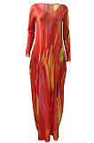 Red Women Printing Long Sleeve Pocket Mid Waist Loose Long Dress NK258-1