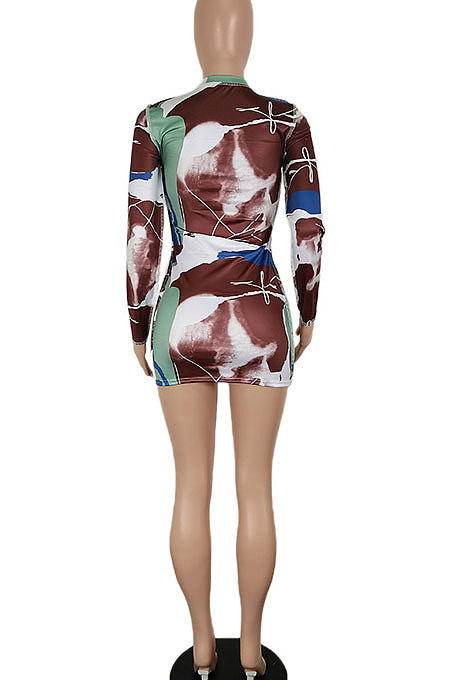 Brown Women Sexy Club Dress Printing Long Sleeve Slim Fitting Mini Dress SH7276