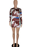 Brown Women Sexy Club Dress Printing Long Sleeve Slim Fitting Mini Dress SH7276