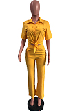 Yellow New Pure Color Short Sleeve Lapel Neck Single-Breasted Shirt Shift Pants Two-Piece OMY0026-1