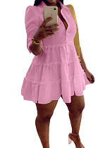 Pink Casual Solid Color Long Sleeve Lapel Neck Single-Breasted Shirt Dress OMY0022-3