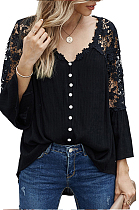 Black New Lece Hook Flower Embroidered Hollow Out Horn Sleeve V Neck Loose Shirts MDO1740-3
