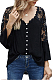Black New Lece Hook Flower Embroidered Hollow Out Horn Sleeve V Neck Loose Shirts MDO1740-3