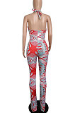 Lake Blue Euramerican Women Printing Sexy Strapless Cross Bandage Backless Tiny Flared Bodycon Jumpsuits LML228-2