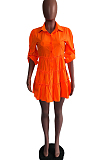 Yellow Casual Solid Color Long Sleeve Lapel Neck Single-Breasted Shirt Dress OMY0022-2