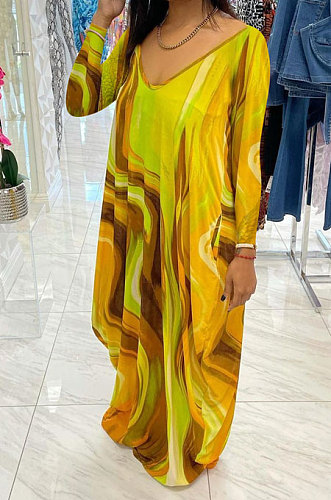 Red Women Printing Long Sleeve Pocket Mid Waist Loose Long Dress NK258-1