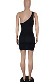 Black Women Sexy Club Dress One Shoulder Solid Color Hollow Out Mini Dress SH7279-1