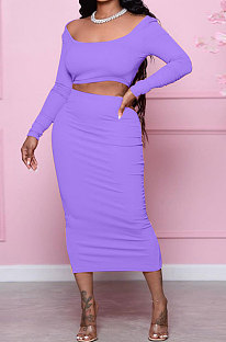 Purple Fashion Women Pure Color Long Sleeve Backless Split Skirts Sets NL6088-2