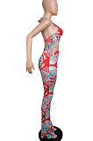 Royal Blue Euramerican Women Printing Sexy Strapless Cross Bandage Backless Tiny Flared Bodycon Jumpsuits LML228-3