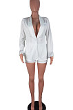 Black Euramerican Women Solid Color Back Deep V Split Tassel Casual Turn-Down Collar Shorts Sets RB3042-3