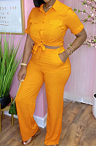 Yellow New Pure Color Short Sleeve Lapel Neck Single-Breasted Shirt Shift Pants Two-Piece OMY0026-1