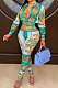 Green Printing Casual Long Sleeve Zipper Bodycon Pants Sets YZ2455