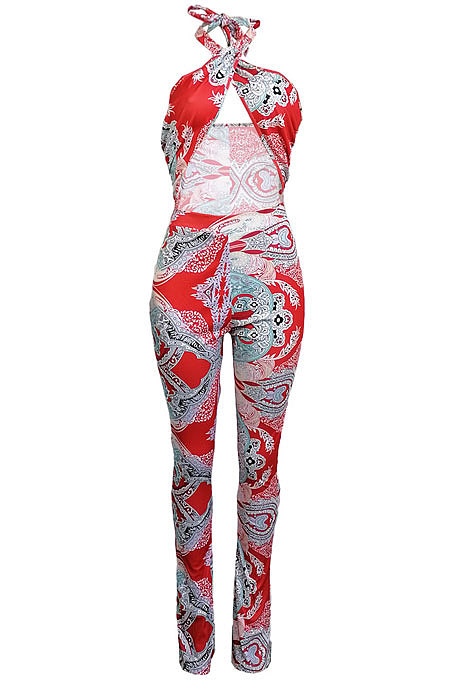 Red Euramerican Women Printing Sexy Strapless Cross Bandage Backless Tiny Flared Bodycon Jumpsuits LML228-1