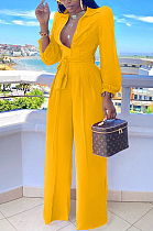 Yellow Fashion Long Sleeve Lapel Collar Solid Color With Waistband Wide Leg Jumpsuits OMY80035-1