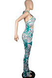 Royal Blue Euramerican Women Printing Sexy Strapless Cross Bandage Backless Tiny Flared Bodycon Jumpsuits LML228-3