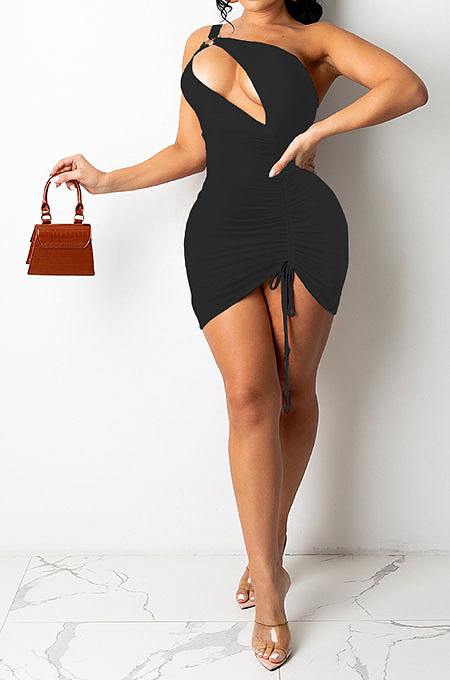 Black Women Sexy Club Dress One Shoulder Solid Color Hollow Out Mini Dress SH7279-1