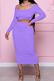 Orange Fashion Women Pure Color Long Sleeve Backless Split Skirts Sets NL6088-1