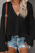 Black Summer Chiffon Horn Sleeve V Collar Single-Breasted Loose Solid Colur Shirts MDO001-2