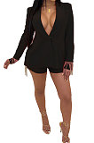 Black Euramerican Women Solid Color Back Deep V Split Tassel Casual Turn-Down Collar Shorts Sets RB3042-3
