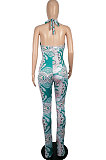 Red Euramerican Women Printing Sexy Strapless Cross Bandage Backless Tiny Flared Bodycon Jumpsuits LML228-1