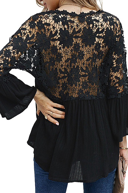 Black New Lece Hook Flower Embroidered Hollow Out Horn Sleeve V Neck Loose Shirts MDO1740-3