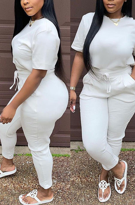 Euramerican Women Solid Color Long Pants Tied Short Sleeve Casual Pants Sets WDS210501