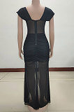 Club Women Off Shoulder Mesh Pure Color Sexy Long Dress KA7188
