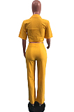 Yellow New Pure Color Short Sleeve Lapel Neck Single-Breasted Shirt Shift Pants Two-Piece OMY0026-1