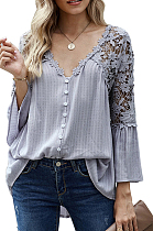 Grey New Lece Hook Flower Embroidered Hollow Out Horn Sleeve V Neck Loose Shirts MDO1740-2