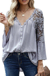 Grey New Lece Hook Flower Embroidered Hollow Out Horn Sleeve V Neck Loose Shirts MDO1740-2