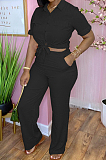 Black New Pure Color Short Sleeve Lapel Neck Single-Breasted Shirt Shift Pants Two-Piece OMY0026-2