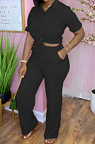 Black New Pure Color Short Sleeve Lapel Neck Single-Breasted Shirt Shift Pants Two-Piece OMY0026-2