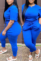 Euramerican Women Solid Color Long Pants Tied Short Sleeve Casual Pants Sets WDS210501