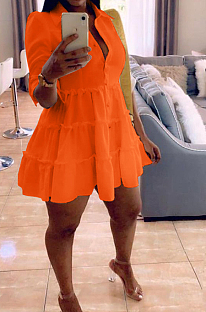 Orange Casual Solid Color Long Sleeve Lapel Neck Single-Breasted Shirt Dress OMY0022-5