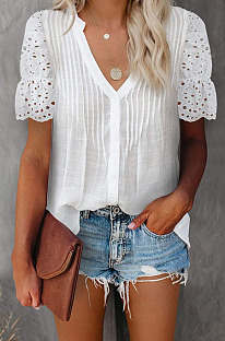 White Summer Lace Short Sleeve V Collar Ruffle Loose Single-Breasted Shirts MDO202108-1