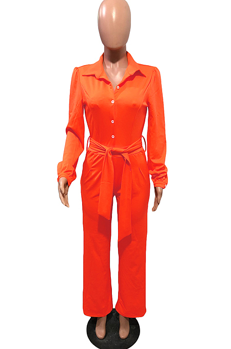 Light Blue Fashion Long Sleeve Lapel Collar Solid Color With Waistband Wide Leg Jumpsuits OMY80035-5