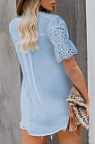 White Summer Lace Short Sleeve V Collar Ruffle Loose Single-Breasted Shirts MDO202108-1