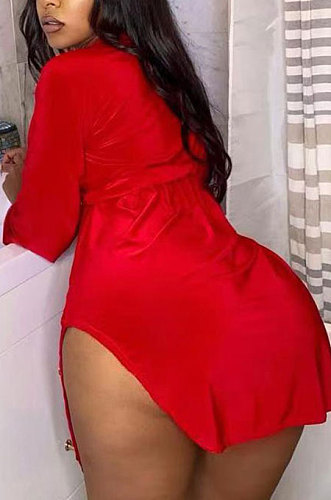 Red Women Sexy Club High Split Long Sleeve Solid Color Mini Dress SMY8108-1
