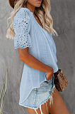 Pink Summer Lace Short Sleeve V Collar Ruffle Loose Single-Breasted Shirts MDO202108-3