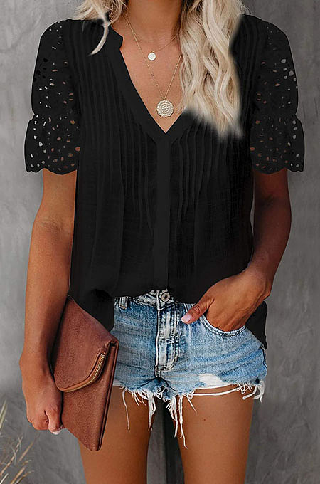 Black Summer Lace Short Sleeve V Collar Ruffle Loose Single-Breasted Shirts MDO202108-2