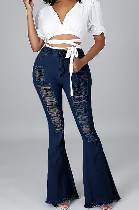 Blue Water Washing Hole High Waist Slim Fitting Flared Jean Pants LA3286-2