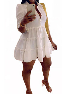 White Casual Solid Color Long Sleeve Lapel Neck Single-Breasted Shirt Dress OMY0022-1