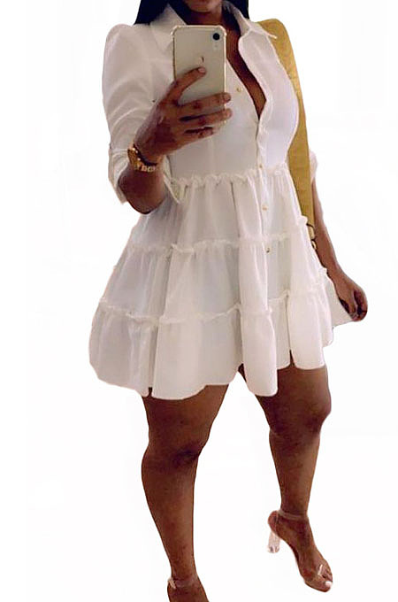 White Casual Solid Color Long Sleeve Lapel Neck Single-Breasted Shirt Dress OMY0022-1