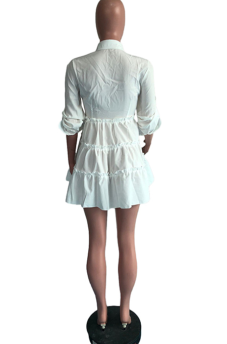 Yellow Casual Solid Color Long Sleeve Lapel Neck Single-Breasted Shirt Dress OMY0022-2