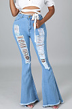 Light Blue Water Washing Hole High Waist Slim Fitting Flared Jean Pants LA3286-1
