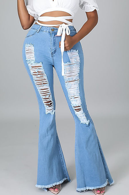 Light Blue Water Washing Hole High Waist Slim Fitting Flared Jean Pants LA3286-1