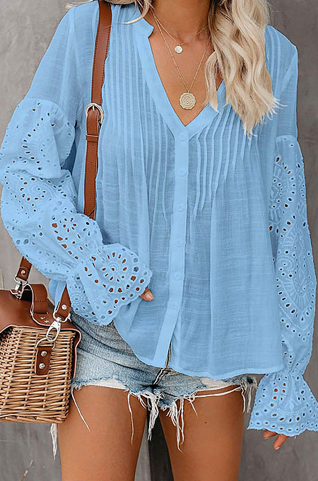 White Summer Chiffon Horn Sleeve V Collar Single-Breasted Loose Solid Colur Shirts MDO001-1