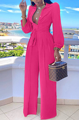 Blackish Green Fashion Long Sleeve Lapel Collar Solid Color With Waistband Wide Leg Jumpsuits OMY80035-7