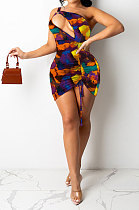 Colorful Euramerican Women Sexy Club Dress One Shoulder Printing Hollow Out Mini Dress SH7278-1